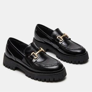 Steve Madden Black Patent Loafers with Gold Bit